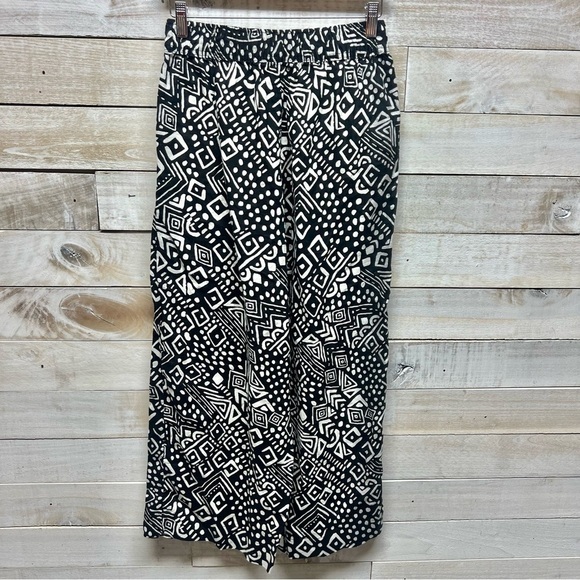 Tahari Linen Pants Womens Medium Black‎ White Wide Leg Elastic Waist Pockets - Picture 4 of 9